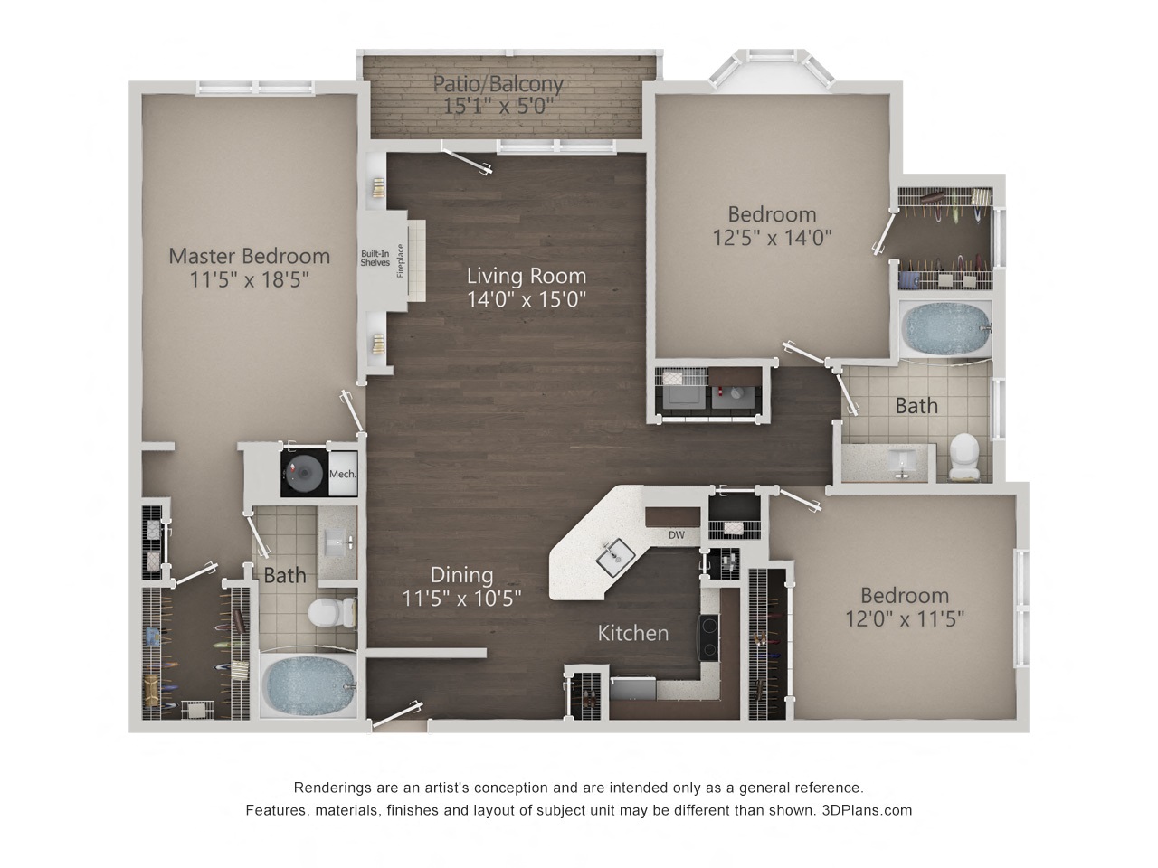 Floor plan for 3 beds, 2 baths, 1518 sqft